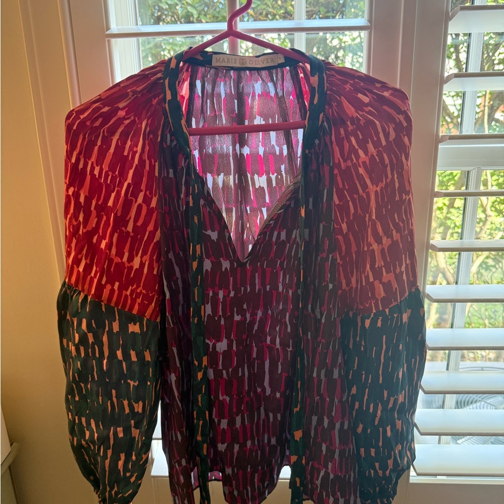 Marie Oliver Red Patterned V-Neck Women's Blouse